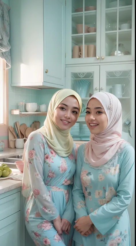 4 beautiful malay girl in pastel color hijab taking picture in modern kitchen, wear pastel blue and white floral pattern baju ku...