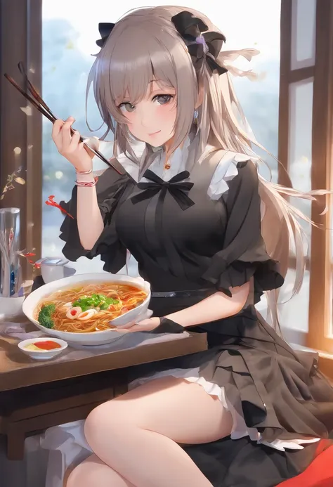 Masterpiece, Top quality, captivating posture, full body wide angle, Smile, (Sitting:1.1) ,Ichiraku windows, (eating ramen noodles:1.0), holding chopsticks and ramen bowl, Sip your own noodles,, Silence Suzuka (umamusume), Black gloves, White skirt, Pleate...