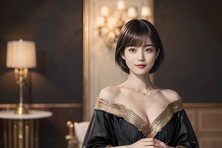 76
(20-year-old princess,is standing), (A hyper-realistic), (masutepiece), ((short-hair:1.46)), (Smooth black hair), (Breast:1.0), (kindly smile:0.9), (Luxurious dresses:1.46), Majestic Palace, Orange Lipstick