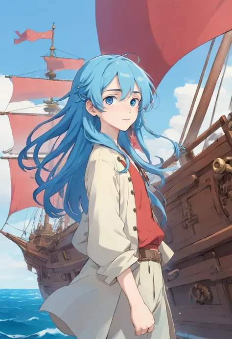 Androgynous Pale man in his 20s, blue long hair in braid pushed to the side, blue eyes, half lidded, high quality, anime artstyle, anime, flowy clothes, tall, skinny, pretty boy, pirate ship background, dynamic pose.