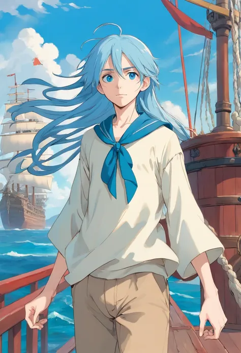 Androgynous Pale man in his 20s, blue long hair in braid pushed to the side, blue eyes, half lidded, high quality, anime artstyle, anime, flowy clothes, tall, skinny, pretty boy, pirate ship background, dynamic pose.