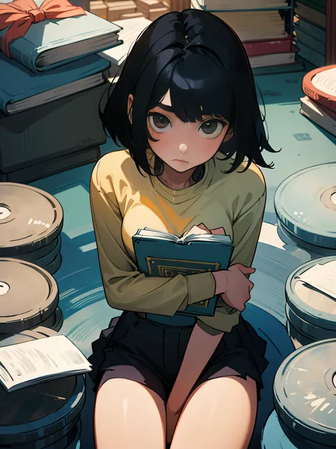 Black Hair Short Bob２０Teenage women、skinny thigh、Sitting in a dirty room surrounded by a lot of books