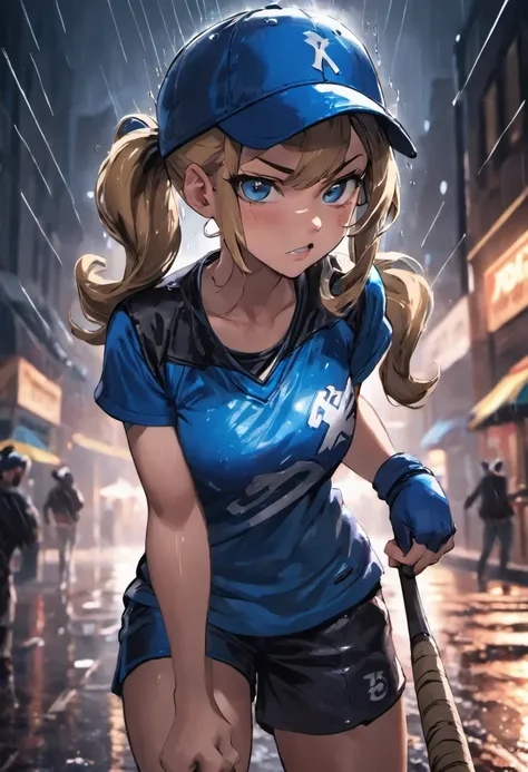 Close-up photos, Confident young woman in baseball cap with dark blonde pigtails, Wearing a baseball uniform with black and blue design, Have a baseball bat, On a rainy street at night, Photorealistic, Cinematic lighting, master piece, best quality, high r...