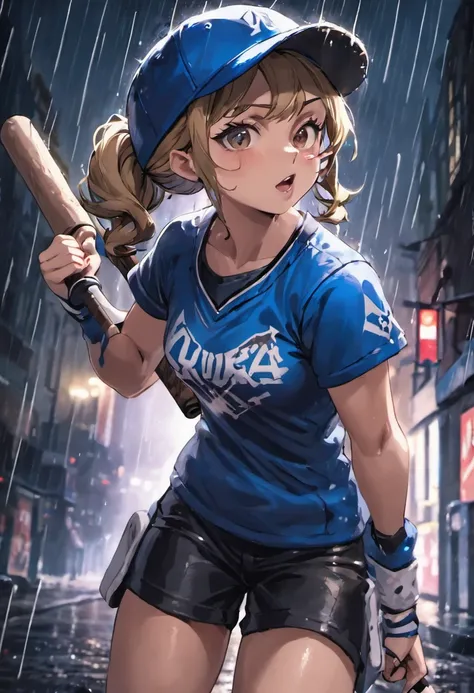 Close-up photos, Confident young woman in baseball cap with dark blonde pigtails, Wearing a baseball uniform with black and blue design, Have a baseball bat, On a rainy street at night, Photorealistic, Cinematic lighting, master piece, best quality, high r...