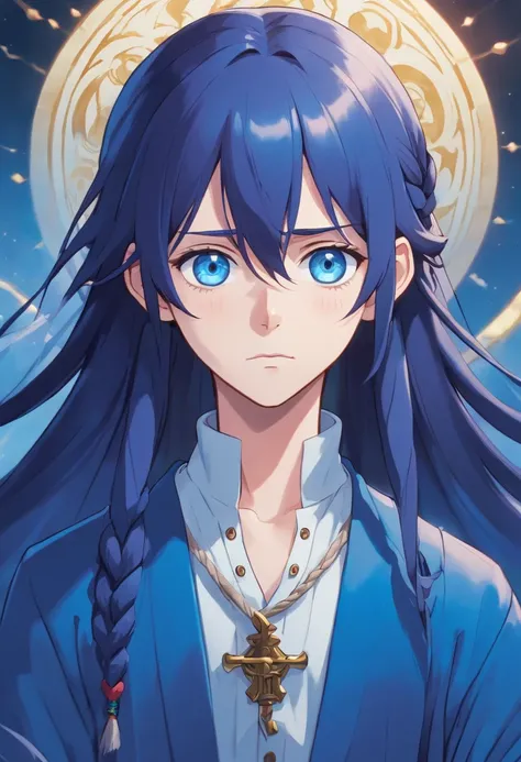 Pale man in his 20s, dark blue long hair in ponytail withbraid, blue eyes, half lidded, somber expression,high quality, anime artstyle, flowy pirate clothes, tall, skinny, pretty boy, blue crystals on face.