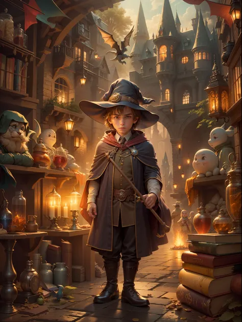 a wizard boy in a magical school, Hogwarts,cloak,a magical wand,playing quidditch with friends,magic spells,spellbook,A magical broomstick,butterbeer,flying on a broomstick,a hidden chamber,meeting Dumbledore,defeating the dark lord Voldemort,magical creat...