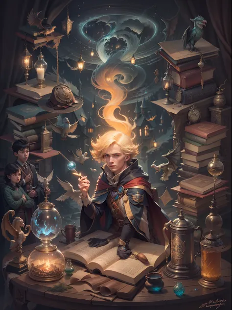 a wizard boy in a magical school, Hogwarts,cloak,a magical wand,playing quidditch with friends,magic spells,spellbook,A magical broomstick,butterbeer,flying on a broomstick,a hidden chamber,meeting Dumbledore,defeating the dark lord Voldemort,magical creat...