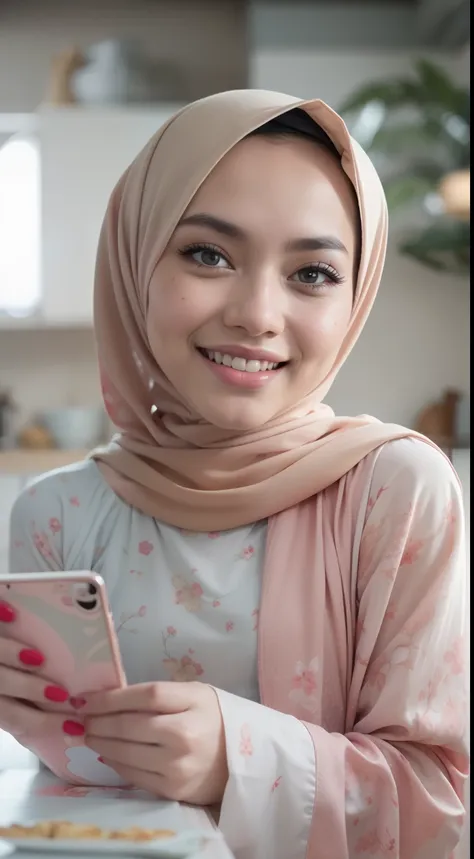 4 beautiful malay girl in pastel color hijab taking picture in modern kitchen, wear pastel red and white baju kurung, friendly a...