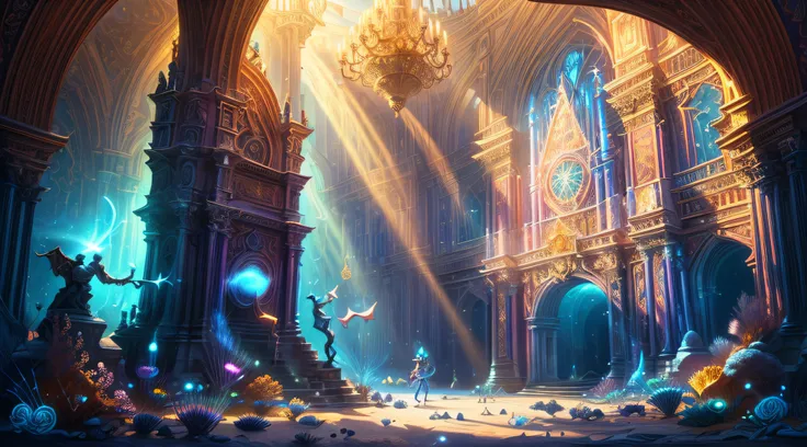 (high quality, fancy, beautiful detailed illustration, digital painting)  2 students (1.2) compete in a magical duel at the school of magic ; in a school of magic: splendid and colorful buildings: large entrance in the shape of an arch, breathtaking archit...