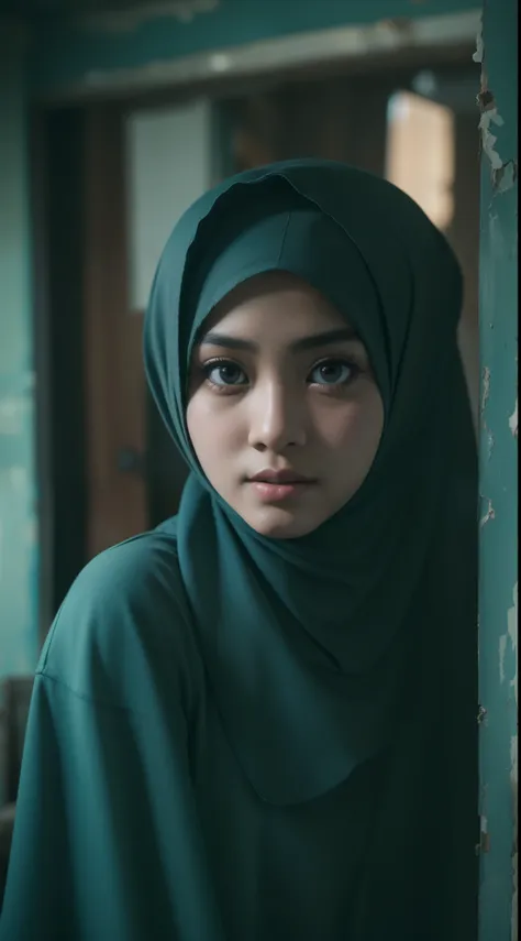 malay girl in hijab in an abandoned house, 8mm, close-up shot, cool-toned color grading, depth of field, film noir