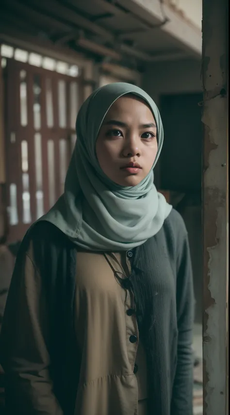 malay girl in hijab in an abandoned house, 8mm, Close-up shot, cool-toned color grading, depth of field, film noir