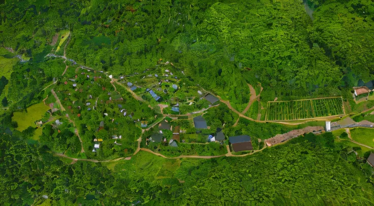 Aerial view of a hamlet in the middle of the forest, village in the woods, hideen village in the forest, ecovillage, realistic photo of a town,  mountainous jungle setting, Map of the scenic area, solarpunk village, arial shot,There is a parking lot at the...