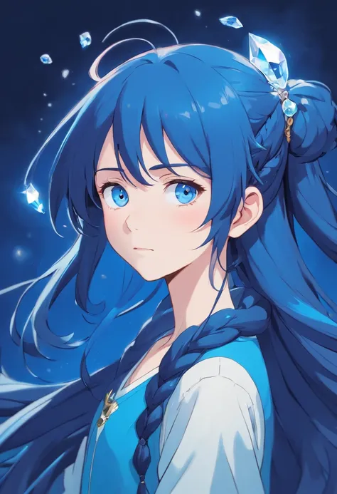 Pale man in his 20s, dark blue long hair in ponytail, single part of hair braided, blue eyes, half lidded, high quality, anime artstyle, flowy pirate clothes, tall, skinny, blue crystals on face.