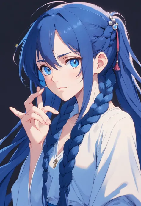 Pale man in his 20s, dark blue long hair in ponytail, single part of hair braided, blue eyes, half lidded, high quality, anime artstyle, flowy pirate clothes, tall, skinny, blue crystals on face.