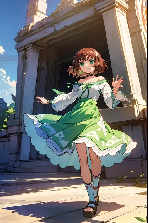 Sasanami Shoko, Valvrave, 1 girl, Brown hair, Green eyes, Fantasy World, Ruins, Bang, Beautiful sky, shining sky, Sunshine, Smiling, Waving, Lace socks, Sandals, wristbands, ribbon choker, Dresses that blow the wind, Lace dress, Off-shoulder sleeve