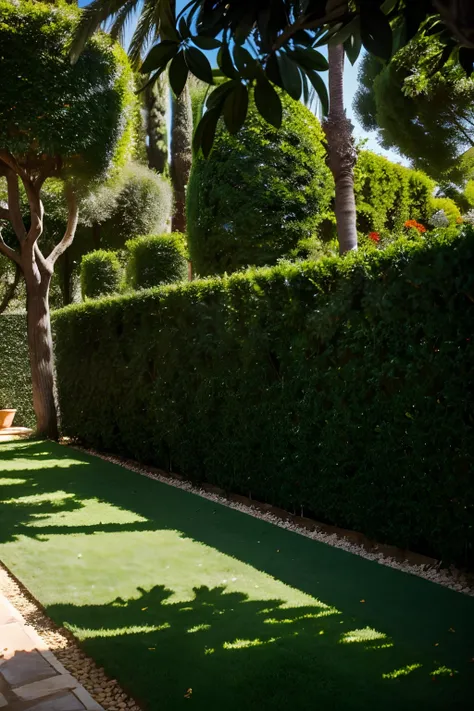 There is a green hedge in the yard, Turkish Garden Environment, Lush landscaping, Palma, sun