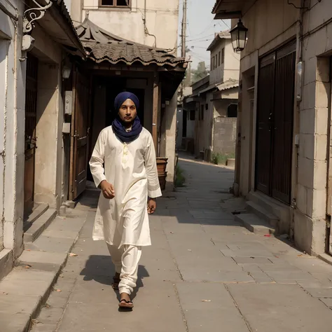 A boy walking in street,with arabian headscarf, tub,panjabi,islamic cloths,