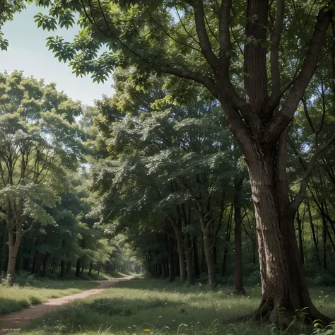 In a forest with the trees are rich and vibrant green, surrounded by so many trees and some colourful birds flying around