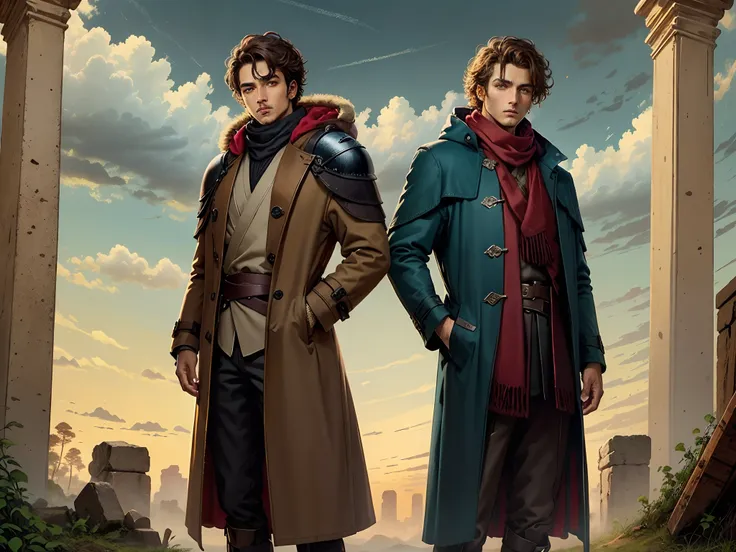 Homem negro e jovem e alto, cabelo liso negro, olhos dourados, Vestindo armadura cinza escuro e verde, with a brown and red overcoat standing among ruins of cloudy days. Estilo Jedi