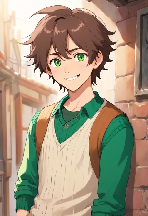 Male, male 18 years old, Scruffy medium brown hair, green eyes, lower lashes, moles on face, scar across face, white button up, green sweater vest, big smile, anime, anime art style, cute, fluffy hair, dynamic pose.