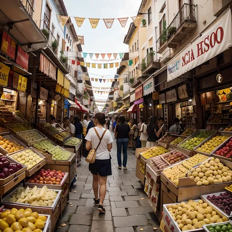 Walking in a crowded Spanish market with colourful signs and food everywhere