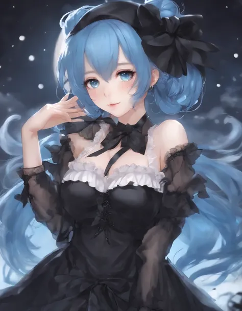 Blue-haired twintails、shairband、Woman in a black revealing dress, splash art anime loli, Ahegao, halloween art style, very detailed Artgerm, Trending in ArtStation pixiv, nightcore, pixiv, rem rezero, anime moe art style, flirty anime witch casting magic, ...