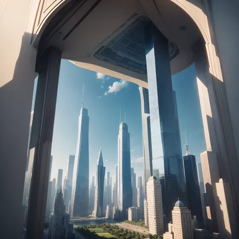 Best Quality,4K,8K,hight resolution,masutepiece:1.2),Ultra-detailed,(Realistic,Photorealistic,Photorealsitic:1.37),Futuristic skyline of towering skyscrapers, A futuristic world, planet earth, Glass skyscraper, The height of the building is 30 times higher...