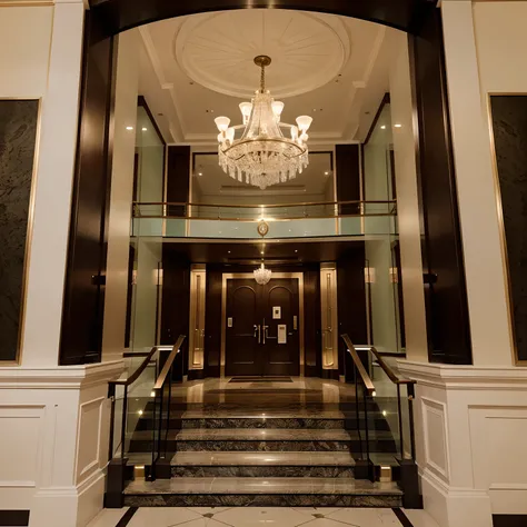 An entrance to a massive hotel with fancy stairs and smartly dressed staff