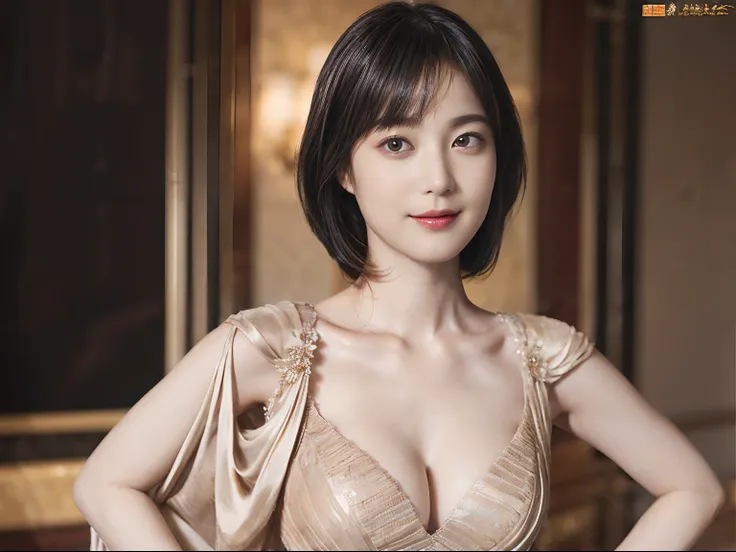 76
(20-year-old princess,is standing), (A hyper-realistic), (masutepiece), ((short-hair:1.46)), (Smooth black hair), (Breast:1.0), (kindly smile:0.9), (Luxurious dresses:1.46), Majestic Palace, Orange Lipstick