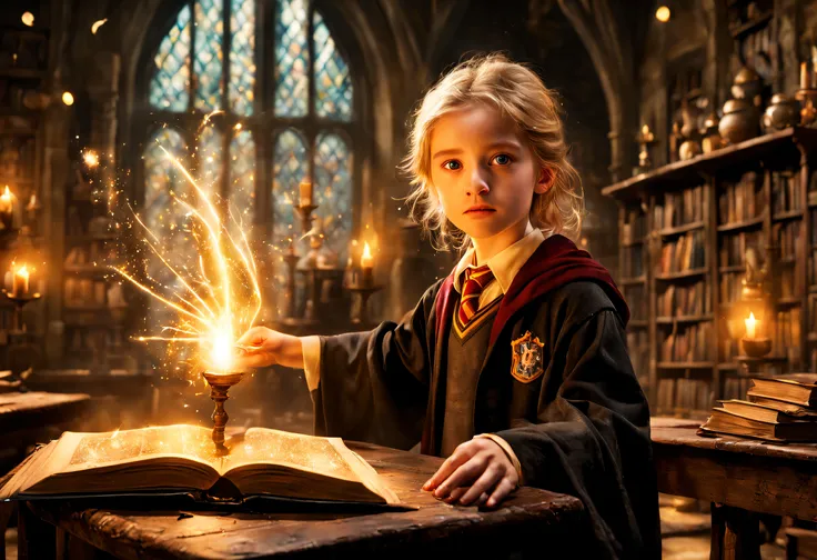 A blonde girl standing in a classroom, holding a magic wand and casting intricate and powerful spells. Bright flashes of light illuminate the surroundings. The boys eyes fill with determination and concentration as he waves his wand with precision. The air...