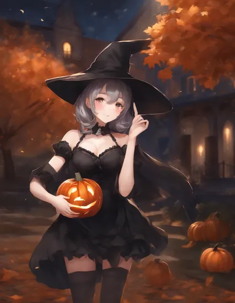 Woman in black dress holding a pumpkin in her hand, splash art anime loli, Ahegao, halloween art style, very detailed Artgerm, Trending in ArtStation pixiv, nightcore, pixiv, rem rezero, anime moe art style, flirty anime witch casting magic, Seductive Anim...