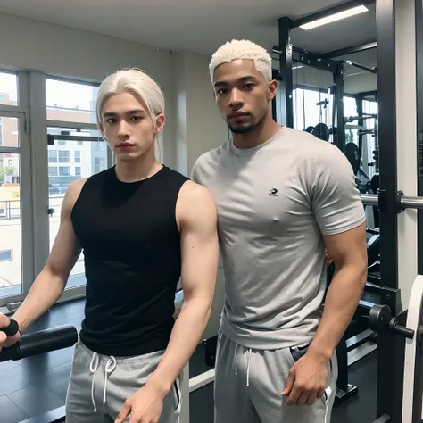 A Handsome 27 Yrs Old black male, young, American (African-American), dark skin tone. He has White hair, hair is white, platinum hair, pale hair. He is beardless, Eye Color is Brown, Athletic Body, Average Athletic Chest, running on threadmill, sweating, g...