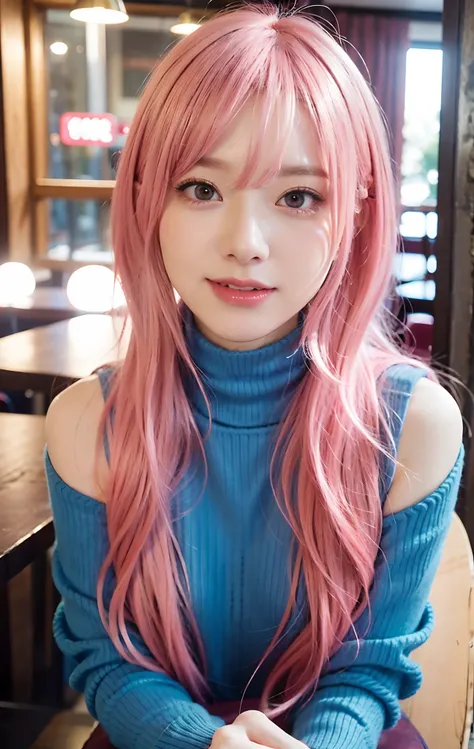 Arafe, with pink hair and a turtleneck sweater, is sitting at a table in a café, cute girl with short pink hair, photorealistic anime girl render, real life anime girl, realistic anime 3 d style, photorealistic anime, realistic young anime girl, kawaii rea...