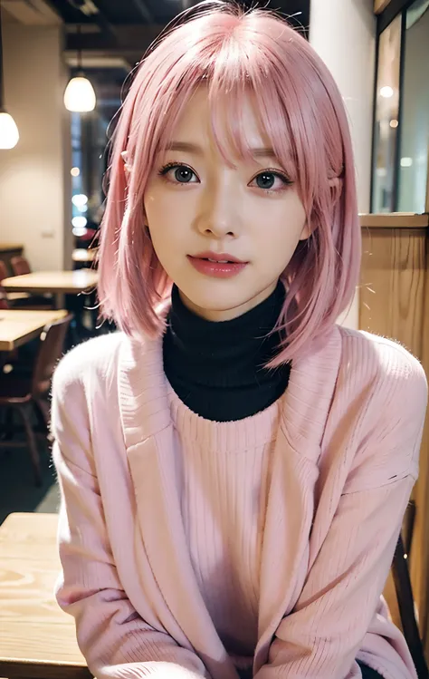 Arafe, with pink hair and a turtleneck sweater, is sitting at a table in a café, cute girl with short pink hair, photorealistic anime girl render, real life anime girl, realistic anime 3 d style, photorealistic anime, realistic young anime girl, kawaii rea...