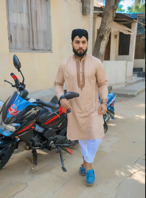 A boy walking in street, with Arabian headscarf, islamic cloths,panjabi,realistic face with beard,