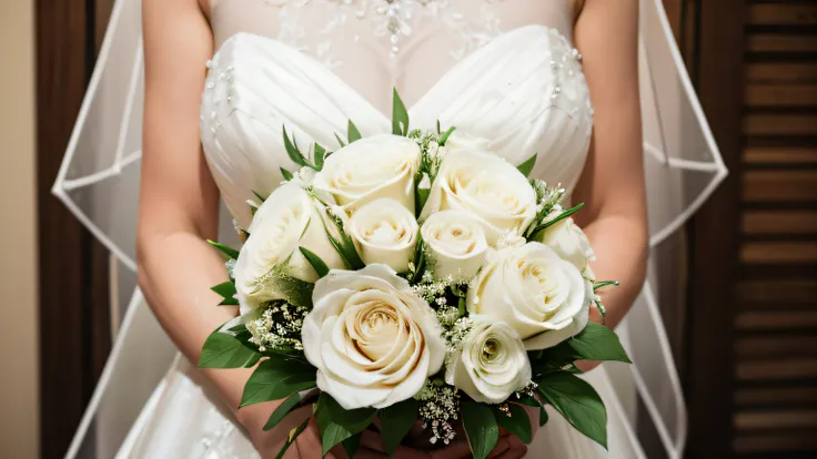 Bride holding a bouquet,Close-up of the bouquet,Rice shower in the background,