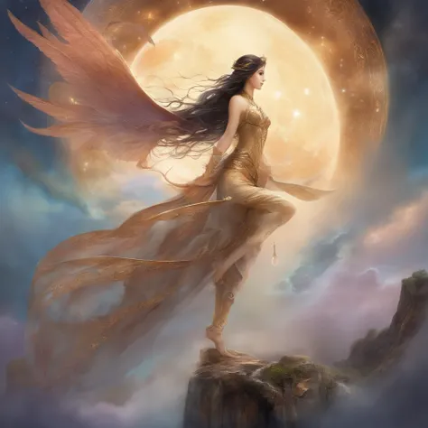 ((best qualityer)), ((tmasterpiece)), (A detailed), ((nouveau)), Succubus temptation, Ethereal beauty, perched on a cloud, (Fantasy illustration: 1.3), mesmerizing looks, captivating posture, delicate wings, supernatural charm, mystical sky, (Luis Royo:1.2...