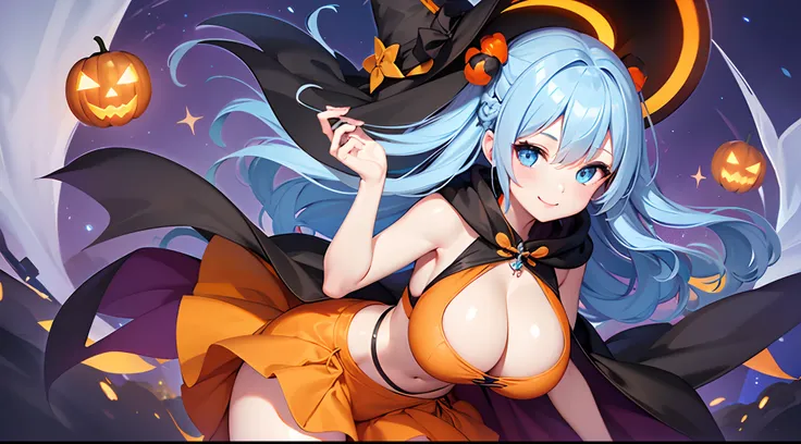 1 girl, game CG, orange mini dress, visible cleavage, visible shoulders, visible navel, orange short skirt, black witch hat, cloak, gigantic breasts, light blue hair, middle hair, two side up, blue eyes, smile, one eye close, halloween background, dynamic,