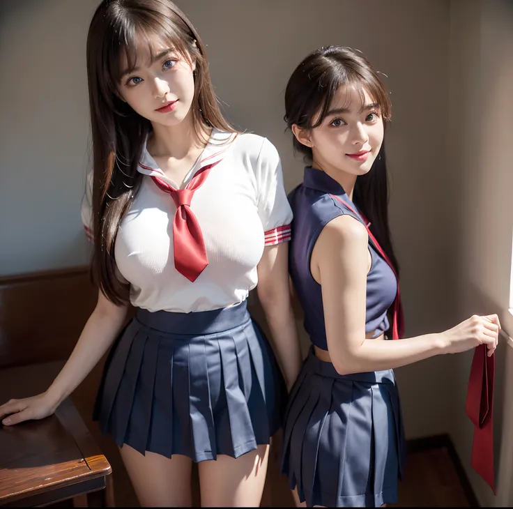 top-quality, 4K picture quality, ​masterpiece, Professional lighting without shadows, A hyper-realistic, perfect anatomia, Two girls, (Proudly stand in front of the camera、With a girl showing off a ribbon tie, The other girl on the other side bent over、Im ...