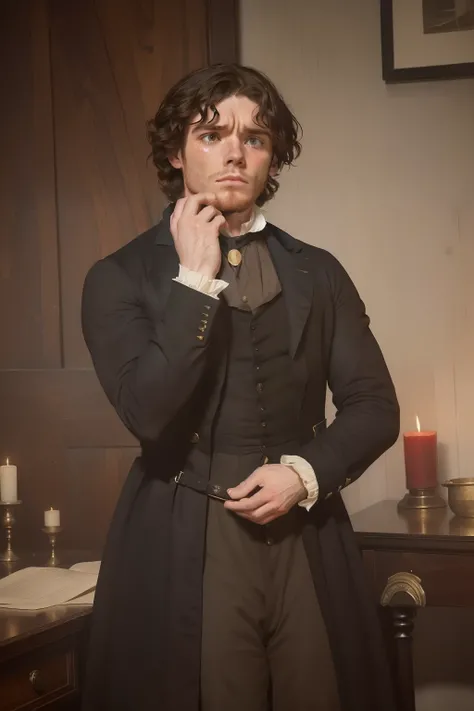 year: 1849. Location: Rock Island, Illinois. Pre-Raphaelite scene with a 31-year-old Richard Madden, sad, devastated, crying, tears, ((teary eyes)), ((horror expression)), covering his mouth, ((((Clothing from the 1840s)))) ((Hairstyle of the 1840s)), ((("...