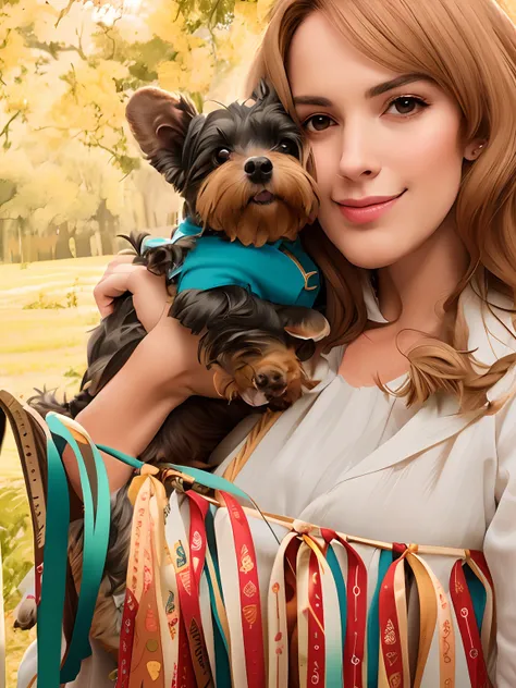 Woman holding a small dog in her arms with ribbons around her neck, segurando seu yorkshire terrier, Directed by: Nandor Soldier, fernanda suarez, imagem de perfil, Directed by: Emma Andijewska, 3 5 year brazilian mother, por Aya Goda, with dogs, by Gina P...