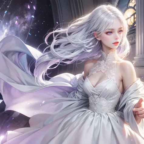 a women, white hair, purple eyes, white dress