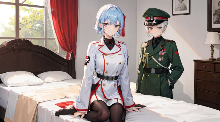 hoshimachi suisei wearing nazi military uniform, looking at viewers, naughty facial expression, mommy vibe, sitting on bed, full body, simple bedroom