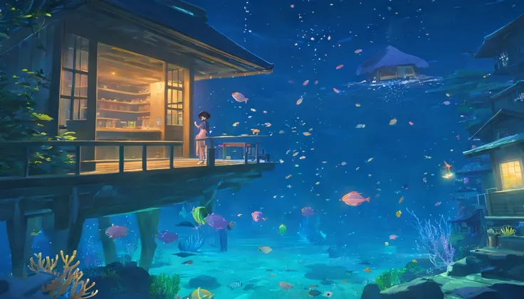 an underwater village at night time, ocean world, fish, a male floating under the water, fantasy, reef, stingray, jellyfish, houses under water, makoto shinkai, ghibli, cinematic light, sparks, moonlight