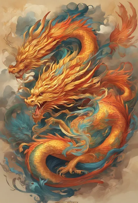 a mythical creature，（（Dragons in Chinese mythology）），traditional Chinese elements，Ancient murals，Exemplary myths，The Legend of Fuyao，dappled light，Hazy haze，Mystical aura，tmasterpiece，K HD，Rich in color，Detailed details，Seven colors