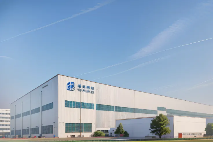 There is a large building，There is a logo on the side, introduction factory photo, factory, detailed factory, exterior wide shot, Factory background, Location shooting, Taoist, building facing, industrial factory, wide angle exterior 2022, jinyiwei, full b...