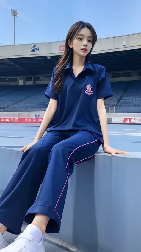 (bestquality,10,10,highres,masterpiece:1.2),ultra-detail,(Realistic,photorealistic portrait,photo-realistic:1.37),1 cute girl sitting on the football field,oily shiny skin,bara,light smile,BDclothes,((blue shirt:1.3)),short sleeves,shirt, trousers.,(navy_l...