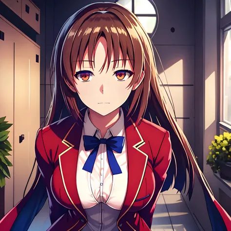 hight resolution,ultra-detailliert,Slender eyes,独奏,One lady,One tall woman,((spiked hair)),((parted bangs)),Long,brown haired,brown-eyed,huge tit,Uniform with red blazer and blue ribbon,white skirt,