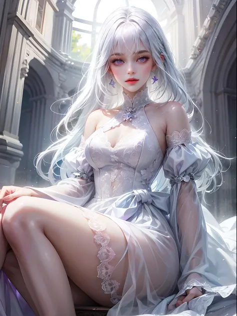 a women, white hair, purple eyes, white dress