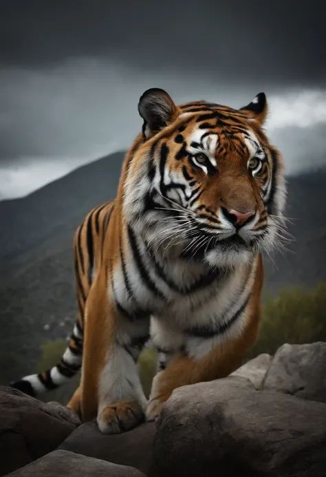 Angry tiger , gray sky and gray mountains